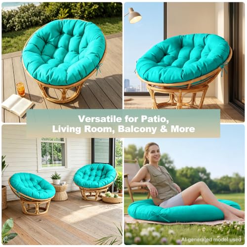 ARTPLAN Round Papasan Chair Cushion Tufted Swing Seat Pad with Ties | 47"x47"x4"tufted round chair cushion, polyester cover&fluffy fiber fill, fixed ties fit papasan, swing&wicker indoor chairs - color: Lake Blue