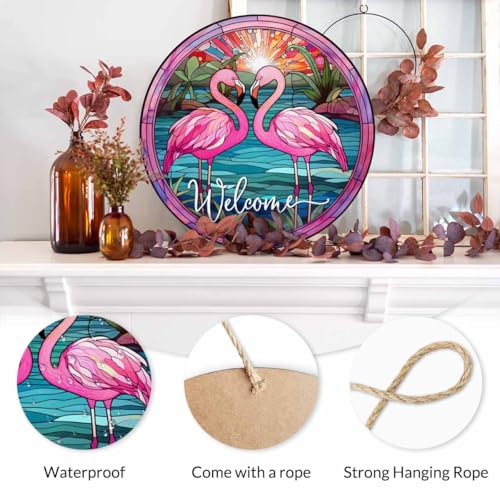 Welcome Porch Wood Sign Flamingos by The Sunset River Round Hanging Plaque Sign for Porch Yard, Housewarming Present, 12x12inch - color: Style 10