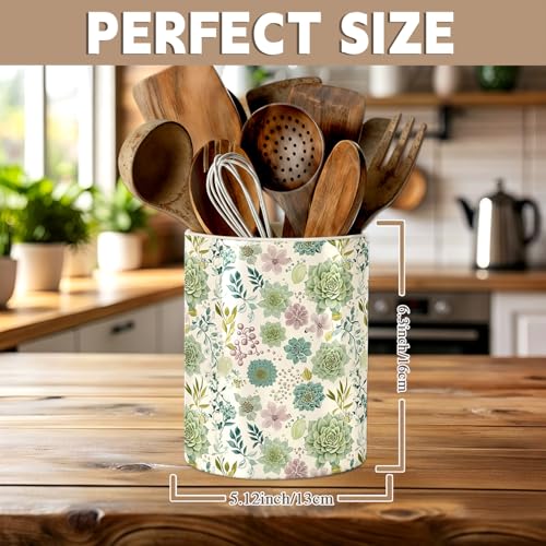 Succulent Floral Kitchen Utensil Holder, Summer Ceramic Utensil Holder , Cooking Utensil Crocks for Kitchen Countertop, Kitchen Decorations Rustic Farmhouse Decor
