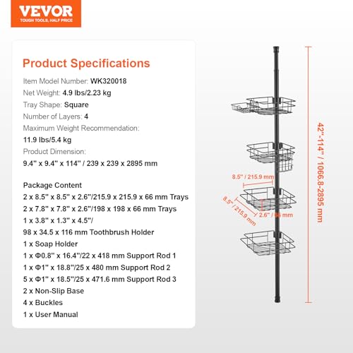 VEVOR Corner Shower Caddy Tension Pole, 4 Tier Adjustable Rustproof Organizer Shelves for Bathroom & Washroom, 42-114inch High, Black
