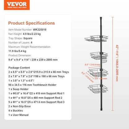 VEVOR Corner Shower Caddy Tension Pole, 4 Tier Adjustable Rustproof Organizer Shelves for Bathroom & Washroom, 42-114inch High, Black