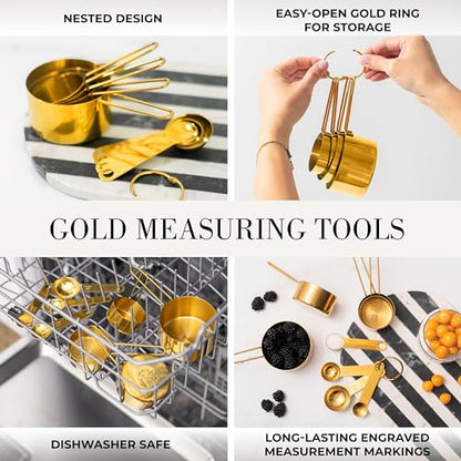 Styled Settings White and Gold Kitchen Utensils Set with Holder, 15-Piece | Nonstick BPA-Free Silicone Cooking Utensils with Measuring Cups and Spoons - Luxury Kitchen Accessories for Stylish Cooking - color: 15 Piece White & Gold