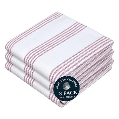 Burgundy Striped Kitchen Dish Towels (3-Pack), Quick Dry, 18"x26", Ultra Absorbent & Durable, 100% Cotton Multi Pin Stripe Towels for Drying Dishes, Wiping, and Daily Kitchen Cleanup - color: Burgundy Wine / Maroon, style: 3 Pack