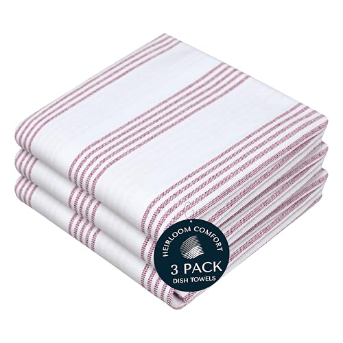 Burgundy Striped Kitchen Dish Towels (3-Pack), Quick Dry, 18"x26", Ultra Absorbent & Durable, 100% Cotton Multi Pin Stripe Towels for Drying Dishes, Wiping, and Daily Kitchen Cleanup - color: Burgundy Wine / Maroon, style: 3 Pack