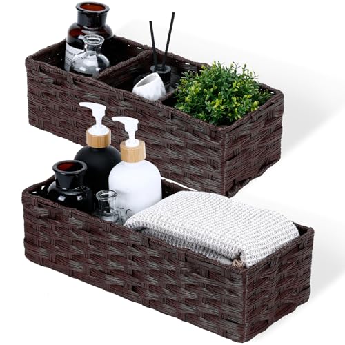 DULLEMELO Toilet Paper Basket for Organizing, Plastic Wicker Bathroom Baskets for Storage, Decorative Towel Baskets for Bathroom, Set of 2, Dark Coffee - color: Dark Coffee