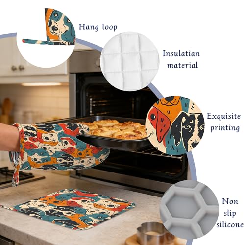 Colourful Dogs Potholders & Oven Mitts Sets Cute Animal Silicone Heat Resistant Oven Mits and Hot Pads Non-Slip Pot Holders Gloves for Kitchen Chef Cooking Baking Grilling BBQ - color: Colourful Dogs,cute Animal