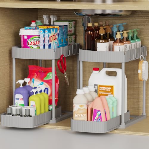 2 Packs Under Sink Pull-Out Storage Organizers, 12.8 Inches, Grey | Multi-Purpose Cabinet Organizers and Storage for Bathroom & Kitchen - color: Gray, size: 12.8 Inch