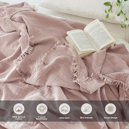 MooMee 100% Cotton Muslin Blanket, Fringed 4-Layer Gauze Bed Throw Blankets | Soft Breathable Lightweight Thin Coverlet Summer Blankets for Adults, Bed & Couch All Seasons, Greyish Pink, 108" x 98" - color: Greyish Pink, size: Super King