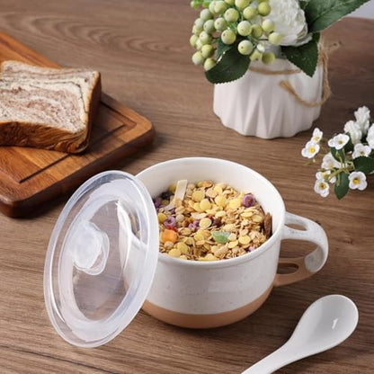 GBhome Ceramic Soup Mugs with Handles and Lids,24 OZ Soup Cups Set of 2 | Terracotta Underside,Mug Bowls with Spoon for Soup/Cereal/Salad/Noodles/Ramen/Microware &Dishwasher Safe - color: White & Orange