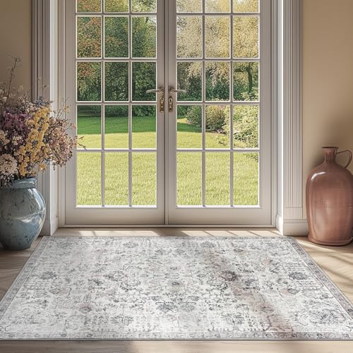 jinchan 3x5 Vintage Floral Area Rug, Washable Entryway Rug, Grey | Distressed Floral Design, Soft Low Pile Surface, Non Slip, Easy Care, Pet Friendly, Kitchen Sink Bathroom Vanity Bedroom - color: Distressed Grey Multi, size: 3' x 5' (Rectangular)