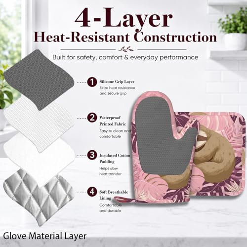 Pink Sloth Heat-Resistant Oven Mitts and Pot Holder Cute Animal Kitchen Non-Slip Silicone Cooking Microwave Gloves for Cooking Baking Grilling - color: Pink Sloth