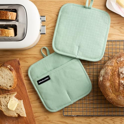 KITCHENAID Gourmet Series Gridlines Pot Holders 2-Pack Set, Heat Resistant up to 600°F, Soft Silicone Grip, Magnetic Cuff, Pistachio Green, 8"x8" - color: Pistachio Green