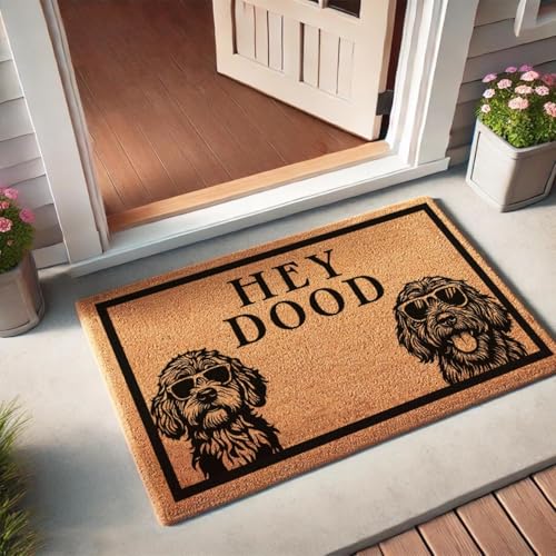 Funny Coir Doormat Welcome Front Porch Decor Doormats with Heavy-Duty Non Slip Outdoor Coconut Mat 30 x 18inch (Hey Dood Doodle Dog Goldendoodle Labradoodle) - color: Hey Dood Doodle Dog Goldendoodle Labradoodle