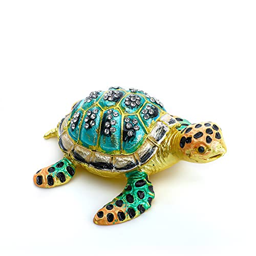 YU FENG 3 Inch Sea Turtle Trinket Box, Bejeweled Hinged Jewelry Box | Hand-Painted Enamel Design, Crystal Studded Shell, Ring Holder, Collectible Figurine, Decorative Gift for Women - color: Green
