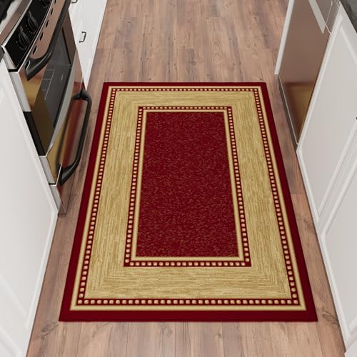 Ottomanson 3x5 Area Rugs – Ultra-Thin Entryway Rug | Non-Slip Rubber Backed Kitchen Rugs – Border Carpet for Kids Bedroom Living Room Nursery, Indoor Door Mat, 3'3" x 4'7" - color: Border Red, size: 3'3" x 4'7" (Area Rug)