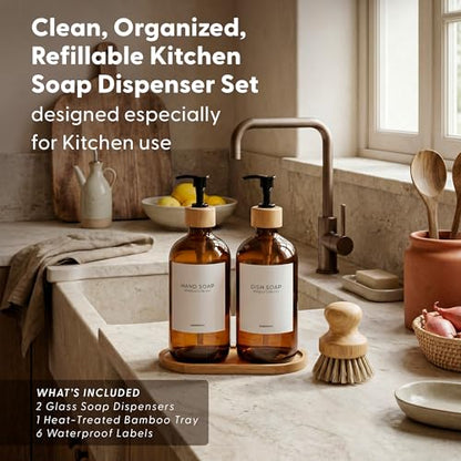 MaisoNovo Glass Dish Soap Dispenser for Kitchen Set of 2-16.9oz Amber Dish and Hand Soap Dispenser Set for Kitchen - Amber Glass Bottles x 2 with Black Bamboo Pumps & Tray - color: Amber Bottles/Black Bamboo Pumps