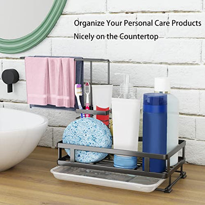 Kitchen Sink Organizer with Brush Rack - Sink Caddy with Drain-Pan | Stainless Steel Sponge Holder for Kitchen Sink with Towel Rack, Organizer for Dish Soap Dispenser, 10.5"L × 5.9"W × 10.5"H