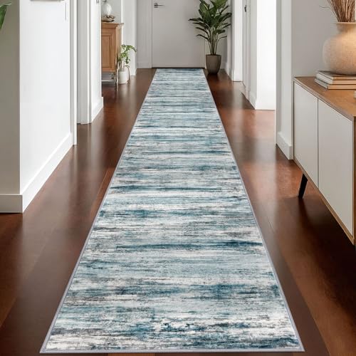 KOZYFLY Modern Abstract Hallway Runner Rug, 2.6x18 Washable Rug Runner Non-Slip Soft Striped Stair Runner Rugs, Print Blue Carpet Runner for Kitchen Entryway Bathroom Laundry Room Foyer - color: Blue, size: 2'8" x 18' (Runner)
