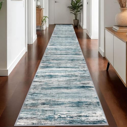 KOZYFLY Modern Abstract Hallway Runner Rug, 2.6x18 Washable Rug Runner Non-Slip Soft Striped Stair Runner Rugs, Print Blue Carpet Runner for Kitchen Entryway Bathroom Laundry Room Foyer - color: Blue, size: 2'8" x 18' (Runner)