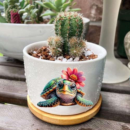 3Pcs Turtle Succulent Pots with Drainage and Bamboo Tray,Ceramic Pot 3 Inch | Small Planters for Plants,Cactus,Decoration for Office Home,Windowsill,Turtle Gifts for Women Mom (No Plants Included) - style: Turtle