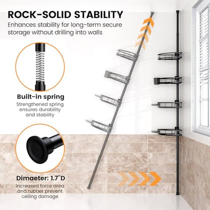 Adjustable Tension Pole Shower Caddy: Rustproof Corner Bathroom Organizer | 4-Tier 31-124" No Drill Standing Shelves Fits Apartments Rentals Bathroom Bathtub, for Shampoo, Conditioner, Bath Essentials
