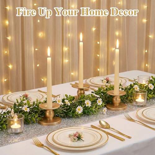 Gold Candle Holders Set of 6, Reversible Pillar Candle Holder and Taper Candles Stand, Metal Table Centerpiece for Wedding Dining Room Holiday Decor