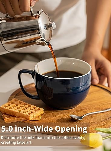 Teocera Porcelain Coffee Mugs, Soup Mugs Bowls with Handle, 24 oz Latte Mugs Set of 4 - Striped Design, Navy - color: Navy