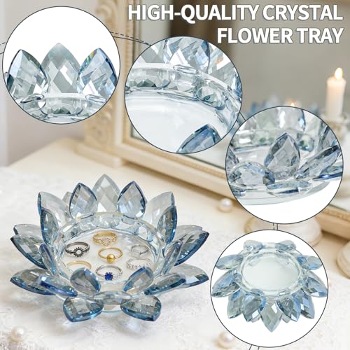 Crystal Flower Jewelry Tray, Luxury Transparent Decorative Trinket Dish for Rings, Earrings, Necklaces, Keys for Vanity Dresser Nightstand, Elegant Gift for Women Mother's Day (1, 6.3"(W)- Blue) - size: 6.3"(W)- Blue