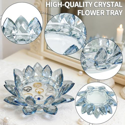 Crystal Flower Jewelry Tray, Luxury Transparent Decorative Trinket Dish for Rings, Earrings, Necklaces, Keys for Vanity Dresser Nightstand, Elegant Gift for Women Mother's Day (1, 6.3"(W)- Blue) - size: 6.3"(W)- Blue