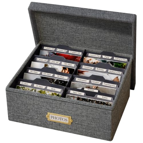 Linen Photo Storage Box, Large Organizer Box, Holds 1700 Picture, Grey | with 24 Adjustable Dividers, 144 Labels(72 Blank for DIY) Fabric Picture Box for Photos, Envelopes, Recipes - color: Grey