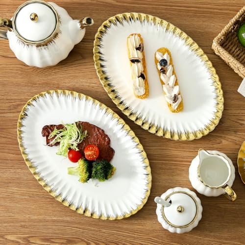 Serving Platters, Ceramic Oval Serving Platters,12 Inch Serving Dishes/Trays for Party Entertaining, Porcelain White Dinner Plates with Gold Trim for Sandwich, Appetizer, Fruit, Desserts, Set of 2 - color: Oval White and Gold-2 Pcs