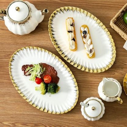 Serving Platters, Ceramic Oval Serving Platters,12 Inch Serving Dishes/Trays for Party Entertaining, Porcelain White Dinner Plates with Gold Trim for Sandwich, Appetizer, Fruit, Desserts, Set of 2 - color: Oval White and Gold-2 Pcs