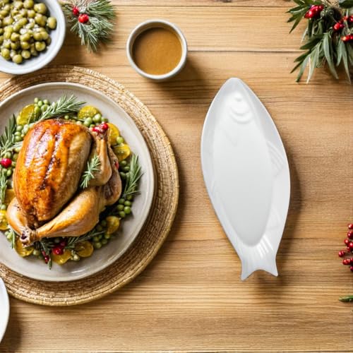 Hemoton Ceramic Fish Serving Platter 12.59X6.29X0.98In Oval Dinner Plate for Steamed Fish Snacks Appetizers Versatile Food Serving Dish for Home Restaurant Kitchen - size: 31x14.5cm