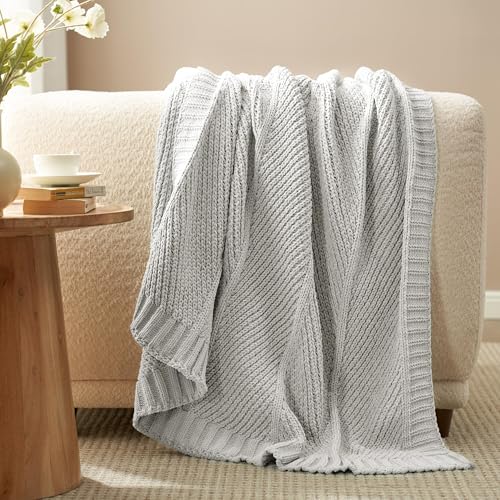 Knit Throw Blanket, Soft Chenille Cozy Breathable Chevron Chunky Decorative Blanket for Couch, Bed & Sofa, French-Inspired Lightweight Warm Gift for Women, Light Gray, 50"x60" - color: Chervon Light Gray, size: Chervon Knit 50"x60"