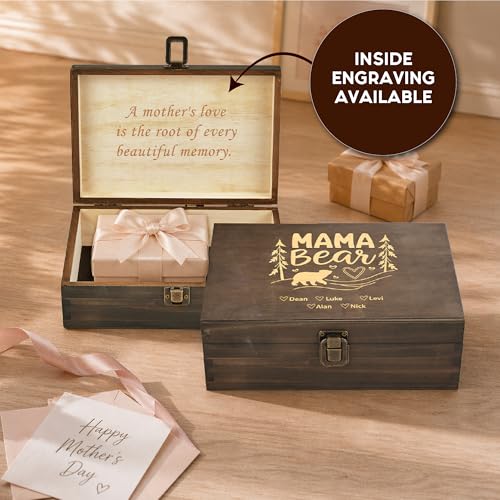 Personalized Wooden Memory Box for Mom – Custom Engraved Mama Bear Keepsake Box with Names, Mother’s Day Gift for Mom, Photo Storage & Memory Chest - style: 19. Mama Bear Designs