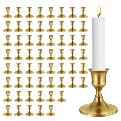 60 Pack Brass Gold Taper Candle Holders Set, Bulk Vintage Metal Candlestick Holders for Table Centerpieces, Wedding Reception Decorations, Party Banquets, Christmas Mantel Decor and Home Decor (Gold)