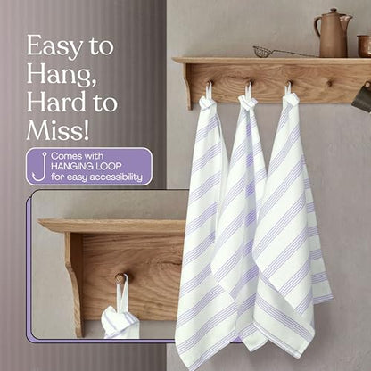 Lavender Stripe Kitchen Towels, 12 Pack, 100% Cotton, Super Absorbent and Quick Dry, Multi Pin Striped Towel Set, Durable Dish Cloths for Kitchen Use, Cleaning & Drying Dishes - color: Lavender, style: 12 Pack