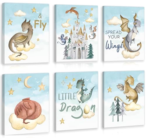 CHDITB Dinosaur Canvas Wall Art Nursery Wall Decor, Set of 6(8x10 inch) Cute Dream Dinosaur Cub Framed Art Prints, Baby Dinosaurs Cartoon Castle Animals Poster For Children's Boy Kids Room Bedroom - color: Dinosaur Art, size: 8x10 inches