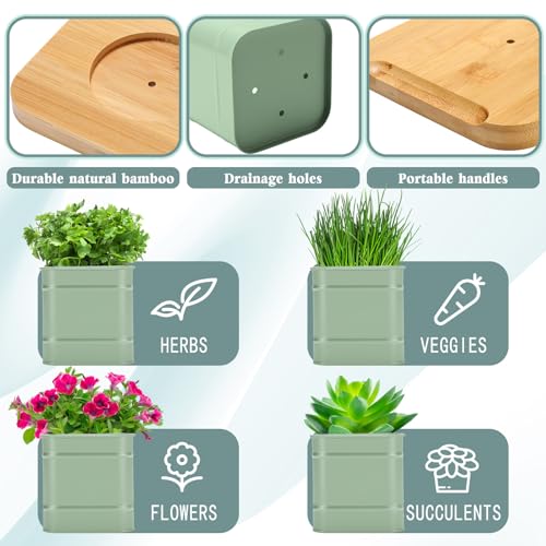 LemonRoad 6 Pcs Indoor Herb Planter Window Herb Pots for Kitchen with Drainage Hole and Bamboo Tray Farmhouse Metal Garden Planter Pot with DIY Label Mom Plant Gift(Sage Green,Square) - color: Sage Green