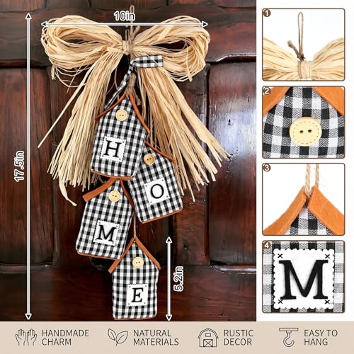 Novabright Fabric Home Sign Farmhouse Home Signs 3D Buffalo Plaid Rustic Wall Decor Black and White Checkered Wall Art with Raffia Bow for Bedroom Kitchen Bathroom Living Room Window Coffee Shop
