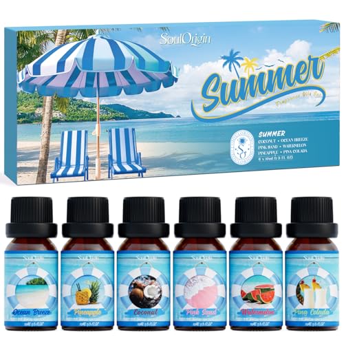 Soulorigin Summer Essential Oils Set, Fragrance Oil Gift Set for Oil Diffusers, Scented Oils for Soap Candle Making 6x10ml - Sea Breeze, Pineapple, Watermelon, Coconut, Pink Beach, and Pina Colada - color: Summer