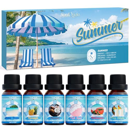 Soulorigin Summer Essential Oils Set, Fragrance Oil Gift Set for Oil Diffusers, Scented Oils for Soap Candle Making 6x10ml - Sea Breeze, Pineapple, Watermelon, Coconut, Pink Beach, and Pina Colada - color: Summer