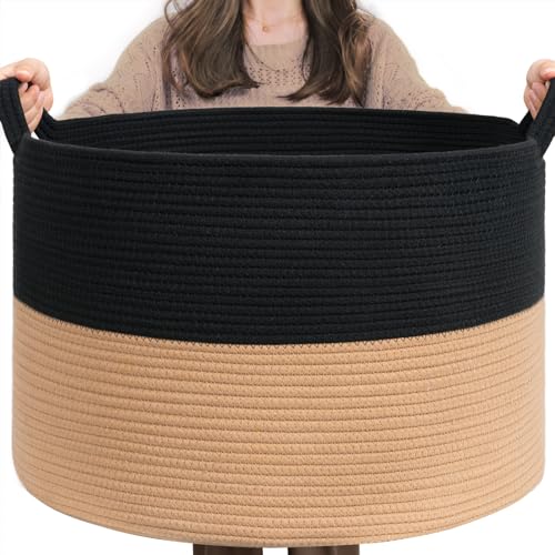 INDRESSME XXXLarge Woven Rope Blanket Basket Living Room Black Camel, 90L | 21.7" x 13.8" Storage baskets for toys laundry & pillows. Fits living room, bedroom or nursery décor. Soft-touch with handles - color: Black & Camel, size: 21.7"D x 13.8"H