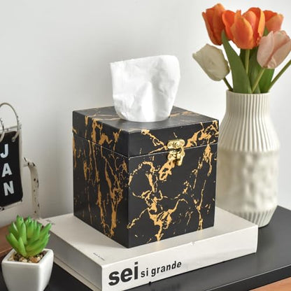 Black and Gold Marble Tissue Box Cover for Kleenex Box, Modern Elegant Tissue Box Holder with Lock for Bathroom, Bedroom, and Living Room, Square Shape Toilet Tissue Holder Organizer - color: Black Marble