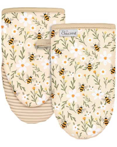 100% Thick Cotton Oven Mitts Ribbed Soft Silicone Bee Flower | Aesthetic Oven Mitts for Women, Machine Washable Non-Slip Kitchen Mitts, Reversible for Both Hands, Stylish Kitchen Decor - color: Beige Flower Bee