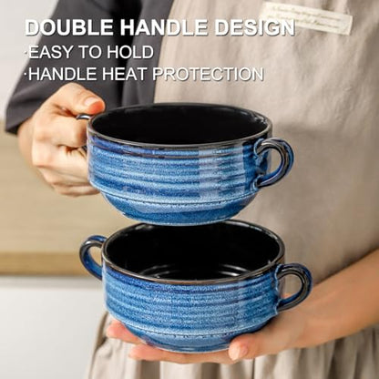 HASENSE Ceramic Soup Bowls, 20 oz French Onion Soup Bowls with Handle Set of 6, Small Serving Crock for Stew, Pasta, Chili, Cereal, Microwave Oven and Dishwasher Safe, Blue - color: Blue, size: 20oz - 6pcs