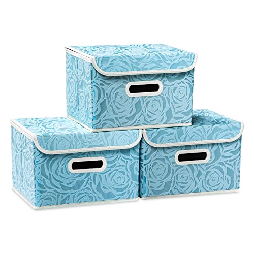 Collapsible Storage Boxes with Lids Fabric Decorative Storage Bins Cubes Organizer Containers Baskets with Cover Handles Divider for Bedroom Closet Living Room 9.8x7.9x6.7 Inch 3 Pack - color: Blue, size: Small(3-Pack)