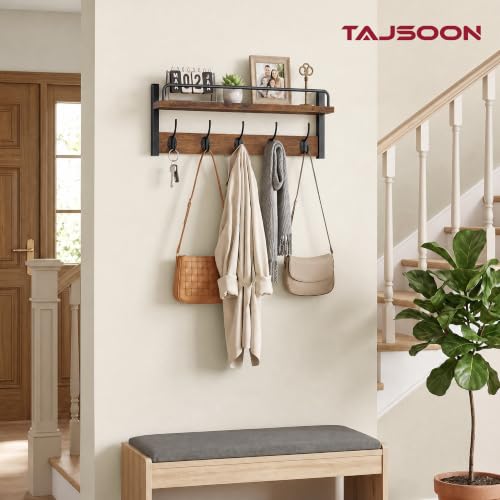 32.6"(16.3"*2) Wall Hooks with Shelf and Guardrail, Rustic Brown | Wall Coat Rack with 5 Hooks, Entryway Wall Coat Rack with Shelf, Coat Rack Wall Mount for Living Room, Bedroom, Kitchen - size: 32.6 Inch Long