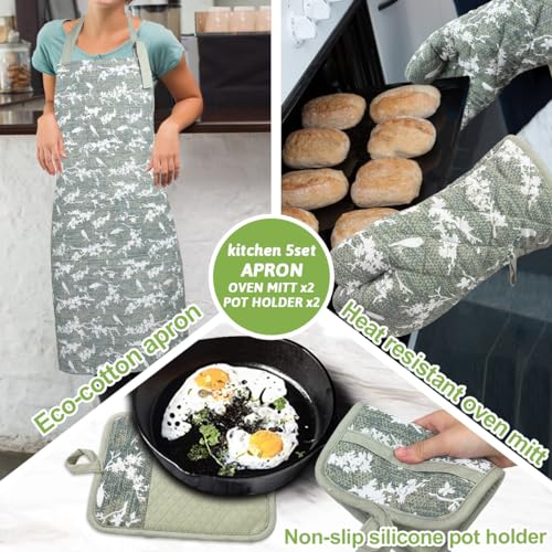 Oven Mitts and Pot Holders with Cooking Apron Set of 5, Heat Resistant Kitchen Gloves and Silicone Non-Slip Potholders, Adjustable Neck Buckle Chef Apron, Cotton Nice Design for Cooking (Aqua)… - color: Aqua