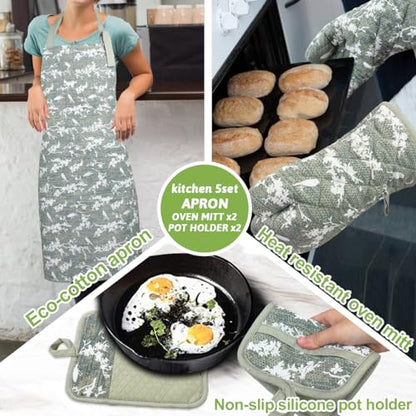 Oven Mitts and Pot Holders with Cooking Apron Set of 5, Heat Resistant Kitchen Gloves and Silicone Non-Slip Potholders, Adjustable Neck Buckle Chef Apron, Cotton Nice Design for Cooking (Aqua)… - color: Aqua